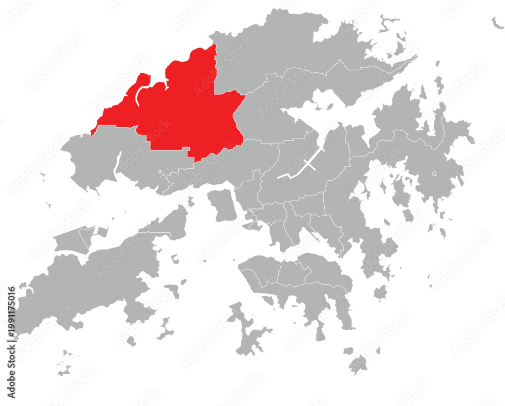 Fototapeta premium Yuen Long District Highlighted on Hong Kong Map Vector Illustration