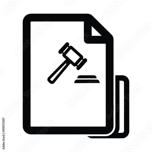 Legal document icon with judge gavel, black and white law vector illustration, court case file and justice system symbol, professional attorney paperwork and legislation graphic