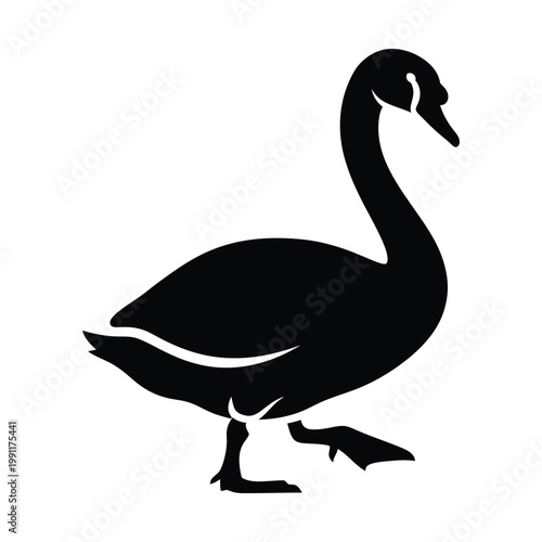 Minimalist swan silhouette vector, elegant black bird icon on white background, graceful waterfowl profile for logo design, simple swan stencil for nature branding and signage