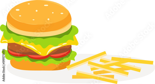 Tasty cheeseburger and french fries flat vector illustration