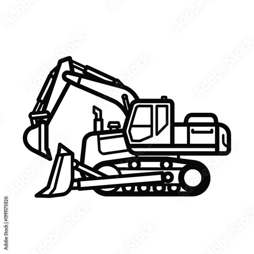 Minimalist excavator line art vector, heavy construction machinery icon on white background, industrial digger equipment illustration, crawler backhoe for civil engineering projects