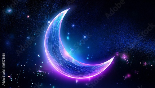 Abstract Glowing Crescent Moon In Neon Blue And Purple With Sparkling Particles And A Dark Cosmic Background