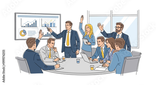 Business meeting with team voting and presentation chart on screen