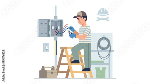 Professional Electrician Technician Repairing Electrical Circuit Breaker Panel on Ladder, Handyman Maintenance Service Vector Illustration