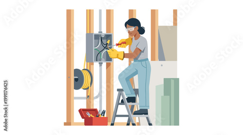 Female Black Electrician Installing Wiring in Junction Box, Flat Vector Illustration of Woman Working on Home Construction Site with Tools and Safety Equipment