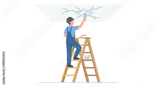 Professional handyman on a ladder repairing a cracked ceiling with a putty knife. Home maintenance and renovation vector illustration.
