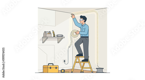 Electrician or DIYer Installing Modern LED Strip Lighting on Wall, Home Improvement and Interior Decoration Vector Illustration