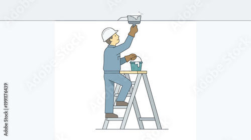 Handyman in Uniform Repairing Cracked Ceiling on Stepladder - Minimalist Line Art Illustration for Home Maintenance and Renovation Services