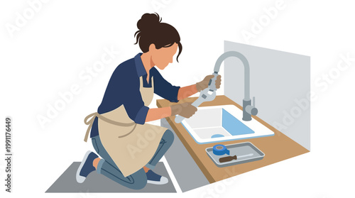 Female Plumber or DIY Enthusiast Fixing a Kitchen Sink Faucet with a Wrench, Home Maintenance and Repair Concept Illustration