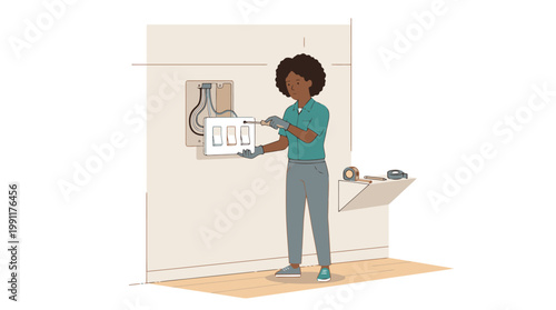 Black Female Electrician Installing Light Switch, Professional Woman Technician Repairing Electrical Wiring, Home Improvement and Skilled Trades Illustration