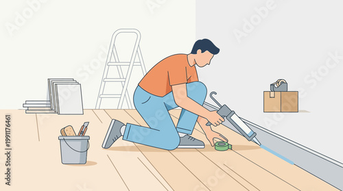 Man Using Caulking Gun for Home Renovation and Baseboard Repair Flat Vector Illustration