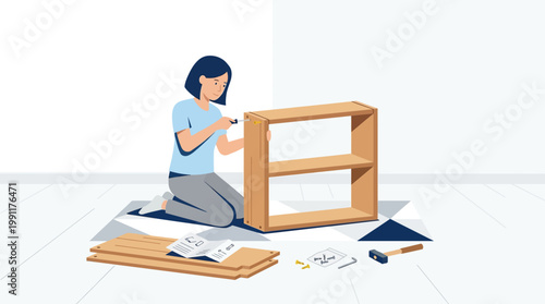Woman Assembling Flat Pack Wooden Bookshelf at Home, DIY Furniture Construction and Home Improvement Concept Vector Illustration