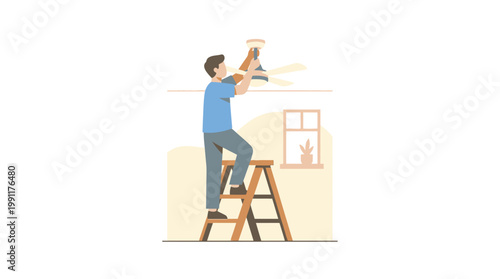 Man Installing or Repairing a Ceiling Fan on a Stepladder, DIY Home Improvement and Maintenance Vector Illustration