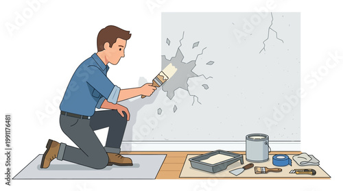 Man Painting Wall to Repair Hole and Cracks, DIY Home Improvement Illustration