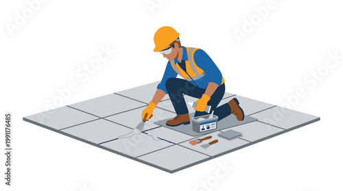 Professional Construction Worker Repairing or Installing Floor Tiles with Grout, Vector Illustration of Tiler in Safety Gear