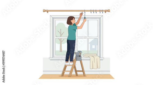 Woman Installing Curtains on Window Rod while Standing on Stepladder - DIY Home Improvement Illustration