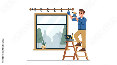 Professional handyman or repairman installing a curtain rod above a window using a power drill and stepladder, home renovation and interior maintenance concept illustration.