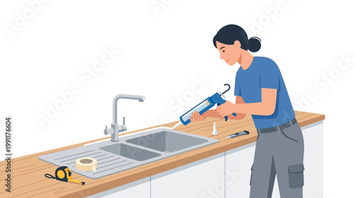 Woman Applying Sealant to Kitchen Sink with Caulking Gun, Flat Vector Illustration of DIY Home Maintenance and Renovation Project