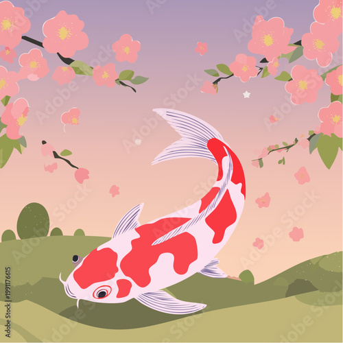 Koi fish and cherry blossom oriental background vector. Red koi with pink sakura flowers in soft Asian spring landscape for banner, greeting card, wall art, packaging and digital media.