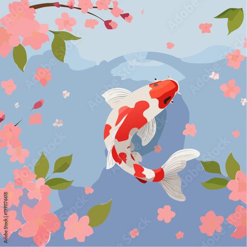 Koi fish and cherry blossom oriental background vector. Red koi with pink sakura flowers in soft Asian spring landscape for banner, greeting card, wall art, packaging and digital media.