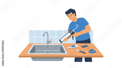 Man Applying Silicone Sealant Around Kitchen Sink with Caulking Gun, Home Improvement and Plumbing Repair Vector Illustration