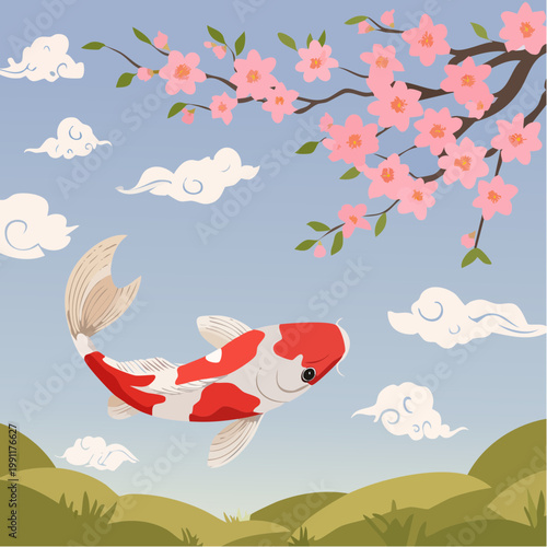 Koi fish and cherry blossom oriental background vector. Red koi with pink sakura flowers in soft Asian spring landscape for banner, greeting card, wall art, packaging and digital media.