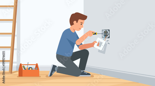 Man Installing or Repairing Electrical Wall Socket Illustration, Professional Handyman or Electrician Fixing Outlet with Screwdriver and Tool Box Flat Vector Character Design