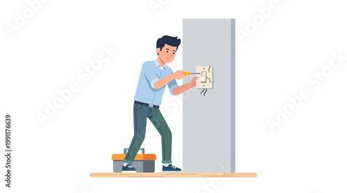 Professional Electrician Repairing Broken Light Switch on Wall with Tool Box, Flat Vector Illustration of Handyman Fixing Electrical Power Outlet