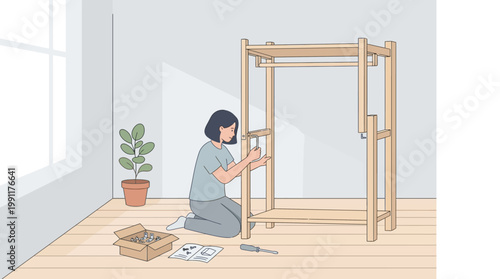 Woman Assembling Wooden Wardrobe Furniture at Home DIY Concept Illustration