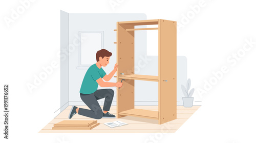 Man Assembling Wooden Bookshelf, Flat Vector Illustration of DIY Furniture Assembly and Home Improvement Concept