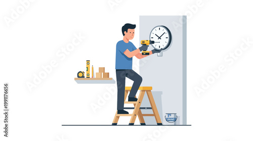 Man Installing Wall Clock on Stepladder with Drill - DIY Home Improvement Illustration