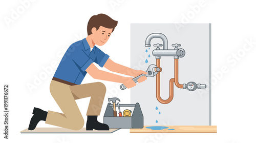 Professional Plumber Repairing Leaking Water Pipe with Wrench, Home Maintenance Service Flat Vector Illustration
