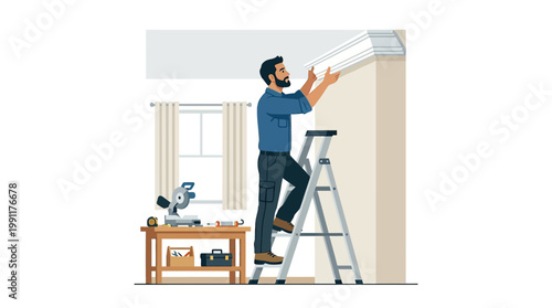 Man Installing Crown Molding on Ceiling with Stepladder and Carpentry Tools Vector Illustration for Home Renovation and DIY Services