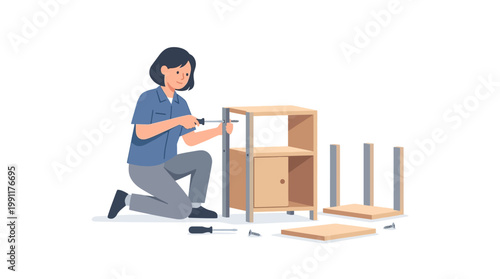 Young Woman Assembling Wooden Shelf Unit with Screwdriver Flat Vector Illustration for DIY and Home Improvement Concepts