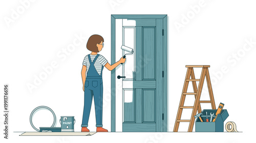 Woman Painting Interior Door Vector Illustration - Home Renovation and DIY Project Concept