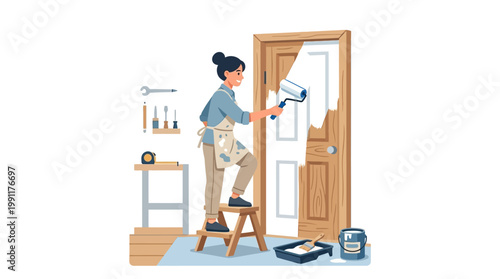 Woman Painting Interior Wood Door White with Roller, DIY Home Improvement and Renovation Concept Illustration