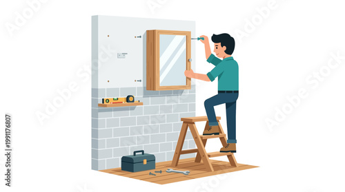 Handyman Installing Mirror Cabinet on Bathroom Wall; DIY Home Repair, Maintenance, and House Renovation Concept Vector Illustration