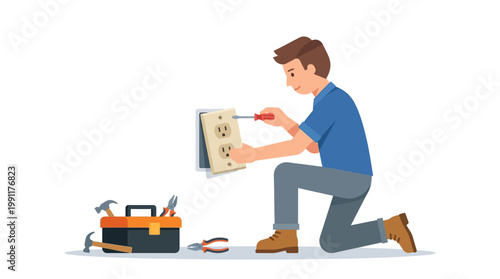 Male Electrician Repairing Wall Power Outlet Socket with Screwdriver and Toolbox - Vector Illustration of Handyman Doing Home Maintenance Work