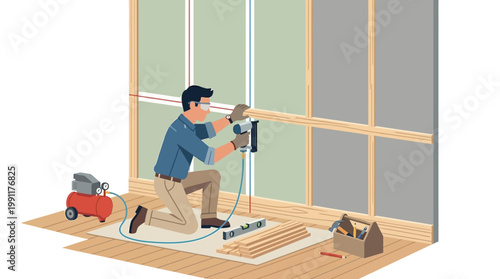 Professional Carpenter Installing Wood Frame on Wall with Pneumatic Nail Gun and Air Compressor, Construction and Home Renovation Vector Illustration
