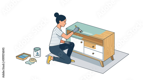 Woman Painting Wooden Cabinet DIY Home Renovation and Furniture Upcycling Illustration