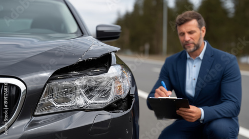 Auto insurance claim inspection, damaged car headlight and bumper, assessor with clipboard in background, roadside vehicle damage evaluation, realistic repair documentation scene c