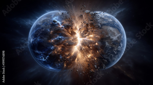Planetary collision explosion in deep space, two planets impact, massive energy burst, debris field, cosmic destruction, realistic astrophysical scene, dramatic space explosion pla