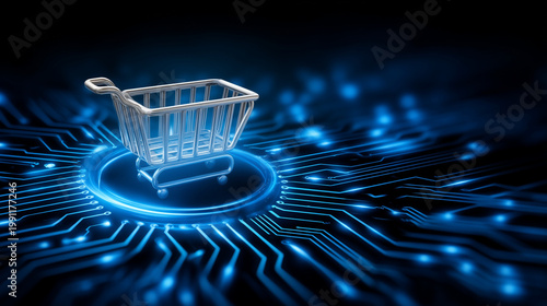 Digital shopping cart icon embedded in blue circuit network, ecommerce technology interface, online retail processor, futuristic cyber commerce background, glowing motherboard desi
