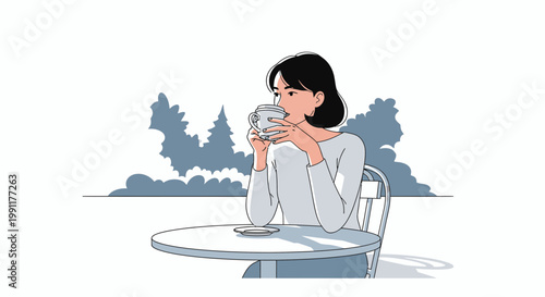 Woman Sitting at Table Drinking Coffee.