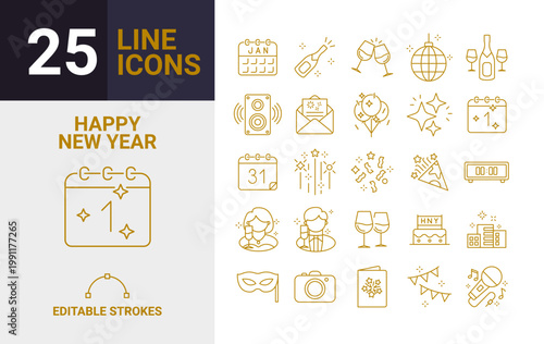 25 Happy New Year line icons set editable strokes