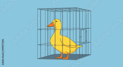 Yellow Duck Inside Metal Cage.