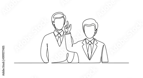 Two businessmen in suits, one pointing up with idea, teamwork, partnership, success, strategy