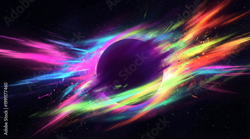 Abstract dark sphere surrounded by vibrant, colorful, energetic light streaks, creating a dynamic visual.