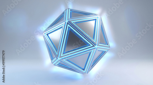 Abstract digital 3D geometric object with shimmering metallic surfaces and vibrant blue glowing edges.