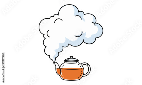 Glass teapot with steam cloud illustration on white background